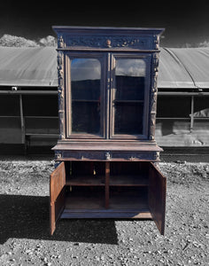 LARGE ANTIQUE 19th CENTURY FRENCH CARVED LIMED OAK & GLAZED DRESSER, c1900