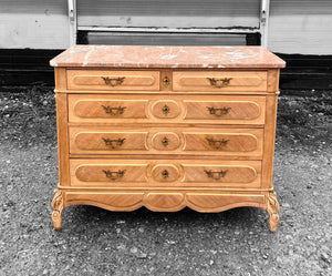 ANTIQUE 19TH CENTURY FRENCH ORNATE OAK & MARBLE TOPPED CHEST OF DRAWERS, c1900