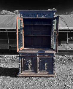 LARGE ANTIQUE 19th CENTURY FRENCH CARVED LIMED OAK & GLAZED DRESSER, c1900