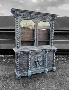 LARGE ANTIQUE 19th CENTURY FRENCH ORNATE CARVED LIMED OAK & GLAZED DRESSER, c1880