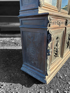 LARGE ANTIQUE 19th CENTURY FRENCH CARVED LIMED OAK & GLAZED DRESSER, c1900