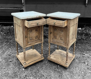 ANTIQUE 19th CENTURY FRENCH PAIR OF OAK & MARBLE TOPPED BEDSIDE TABLES, c1900