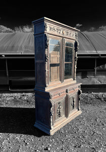 LARGE ANTIQUE 19th CENTURY FRENCH CARVED LIMED OAK & GLAZED DRESSER, c1900