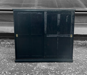 LARGE 19th CENTURY ENGLISH PINE BLACK PAINTED HOUSEKEEPERS KITCHEN CUPBOARD, c1900