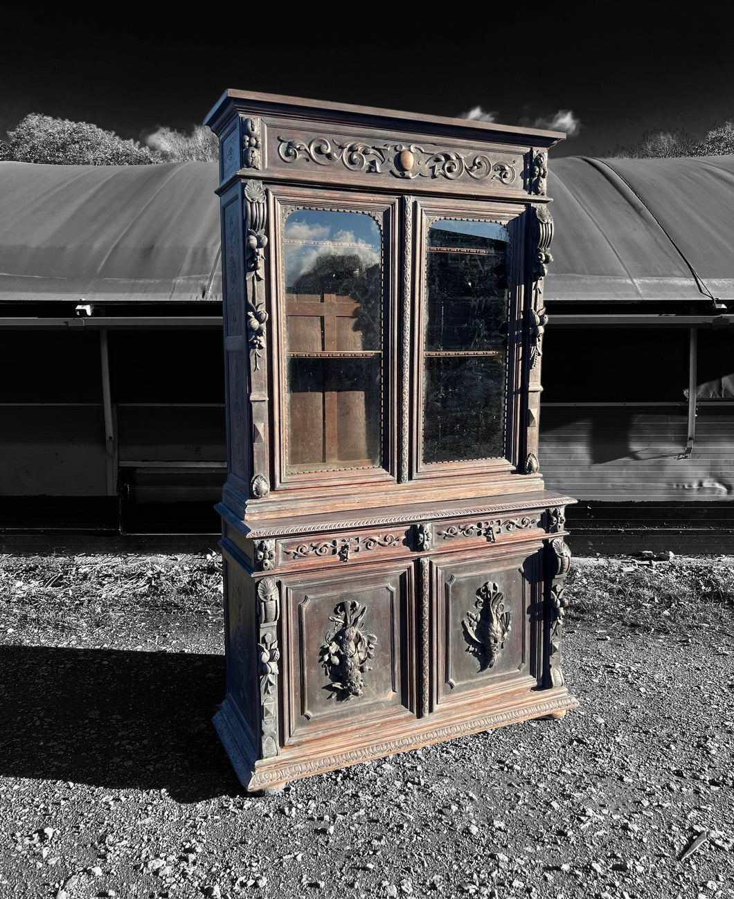 LARGE ANTIQUE 19th CENTURY FRENCH CARVED LIMED OAK & GLAZED DRESSER, c1900