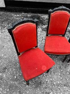 ANTIQUE 19th CENTURY FRENCH ORNATE SET OF 6 EBONISED WALNUT & UPHOLSTERED DINING CHAIRS, c1900