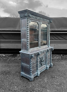 LARGE ANTIQUE 19th CENTURY FRENCH ORNATE CARVED LIMED OAK & GLAZED DRESSER, c1880