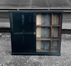 LARGE 19th CENTURY ENGLISH PINE BLACK PAINTED HOUSEKEEPERS KITCHEN CUPBOARD, c1900