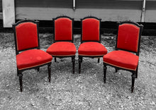 Load image into Gallery viewer, ANTIQUE 19th CENTURY FRENCH ORNATE SET OF 6 EBONISED WALNUT &amp; UPHOLSTERED DINING CHAIRS, c1900
