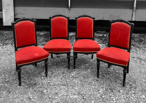 ANTIQUE 19th CENTURY FRENCH ORNATE SET OF 6 EBONISED WALNUT & UPHOLSTERED DINING CHAIRS, c1900