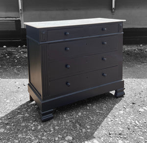 ANTIQUE 19th CENTURY FRENCH BLACK PAINTED & MARBLE TOPPED CHEST OF DRAWERS, c1900
