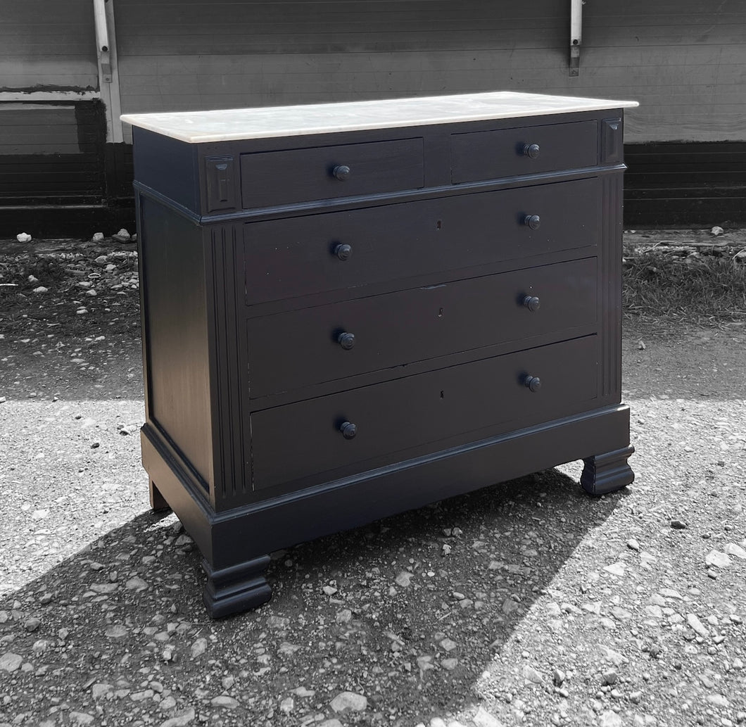 ANTIQUE 19th CENTURY FRENCH BLACK PAINTED & MARBLE TOPPED CHEST OF DRAWERS, c1900