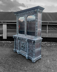 LARGE ANTIQUE 19th CENTURY FRENCH ORNATE CARVED LIMED OAK & GLAZED DRESSER, c1880