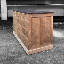 Load image into Gallery viewer, LARGE ANTIQUE 19th CENTURY ENGLISH PINE SHOP COUNTER BANK OF 12 DRAWERS, c1900
