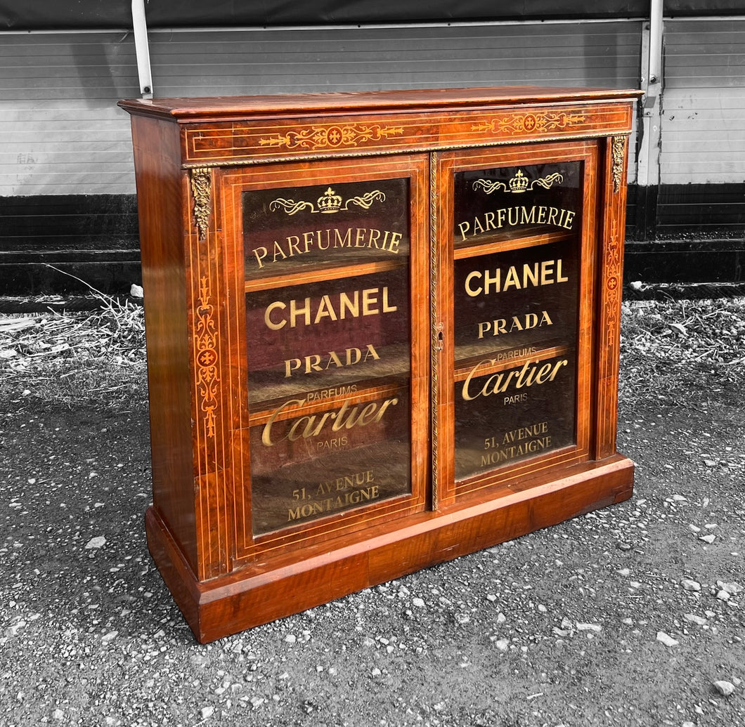 ANTIQUE 19th CENTURY BURR WALNUT & GLAZED DISPLAY CABINET, c1900