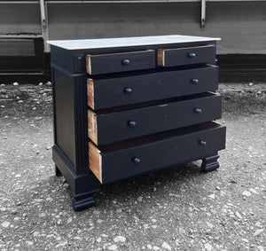 ANTIQUE 19th CENTURY FRENCH BLACK PAINTED & MARBLE TOPPED CHEST OF DRAWERS, c1900