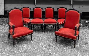 ANTIQUE 19th CENTURY FRENCH ORNATE SET OF 6 EBONISED WALNUT & UPHOLSTERED DINING CHAIRS, c1900