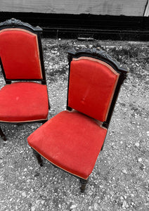 ANTIQUE 19th CENTURY FRENCH ORNATE SET OF 6 EBONISED WALNUT & UPHOLSTERED DINING CHAIRS, c1900