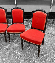 Load image into Gallery viewer, ANTIQUE 19th CENTURY FRENCH ORNATE SET OF 6 EBONISED WALNUT &amp; UPHOLSTERED DINING CHAIRS, c1900
