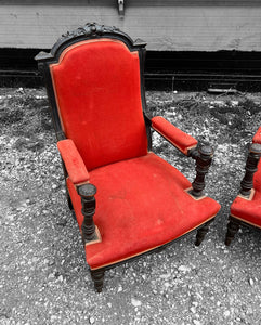 ANTIQUE 19th CENTURY FRENCH ORNATE SET OF 6 EBONISED WALNUT & UPHOLSTERED DINING CHAIRS, c1900