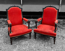 Load image into Gallery viewer, ANTIQUE 19th CENTURY FRENCH ORNATE SET OF 6 EBONISED WALNUT &amp; UPHOLSTERED DINING CHAIRS, c1900
