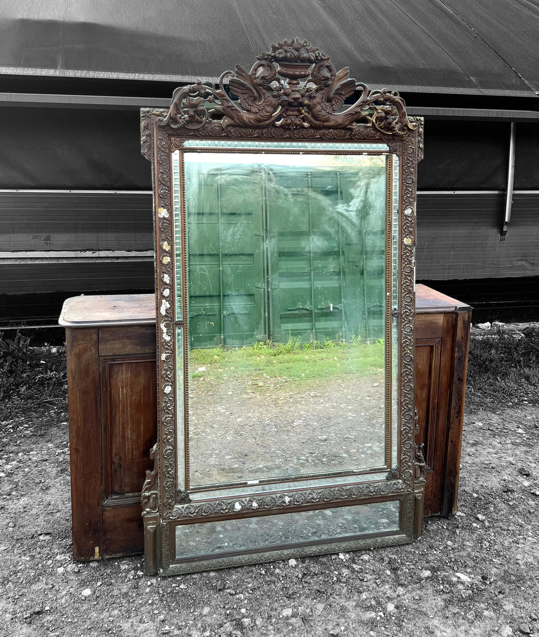 LARGE ANTIQUE 19th CENTURY FRENCH ORNATE GILTWOOD OVERMANTLE WALL MIRROR, c1880