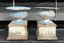 Load image into Gallery viewer, ANTIQUE 19th CENTURY FRENCH PAIR OF CAST METAL ORIGINAL PAINTED URNS, c1900
