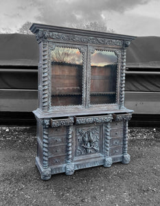 LARGE ANTIQUE 19th CENTURY FRENCH ORNATE CARVED LIMED OAK & GLAZED DRESSER, c1880