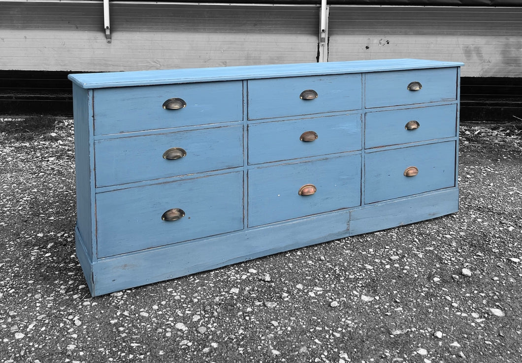 LARGE 20th CENTURY ENGLISH PINE PAINTED BANK OF 9 DRAWERS