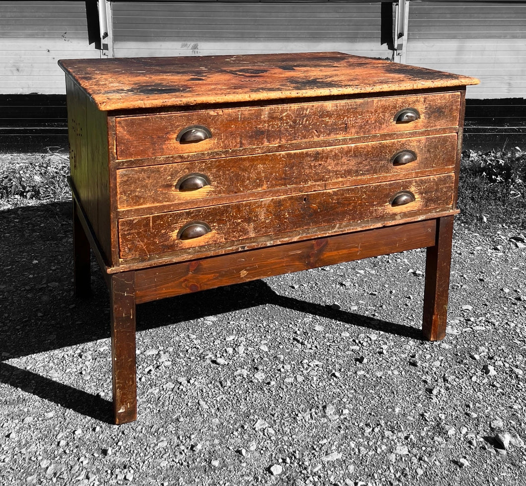 ANTIQUE 19th CENTURY ENGLISH PINE 3 DRAWER PLAN CHEST, c1900