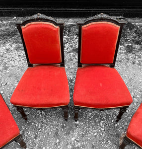 ANTIQUE 19th CENTURY FRENCH ORNATE SET OF 6 EBONISED WALNUT & UPHOLSTERED DINING CHAIRS, c1900