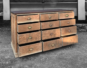 LARGE ANTIQUE 19th CENTURY ENGLISH PINE SHOP COUNTER BANK OF 12 DRAWERS, c1900