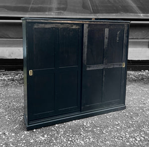 LARGE 19th CENTURY ENGLISH PINE BLACK PAINTED HOUSEKEEPERS KITCHEN CUPBOARD, c1900