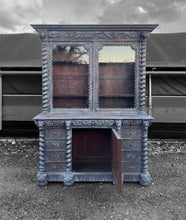 Load image into Gallery viewer, LARGE ANTIQUE 19th CENTURY FRENCH ORNATE CARVED LIMED OAK &amp; GLAZED DRESSER, c1880
