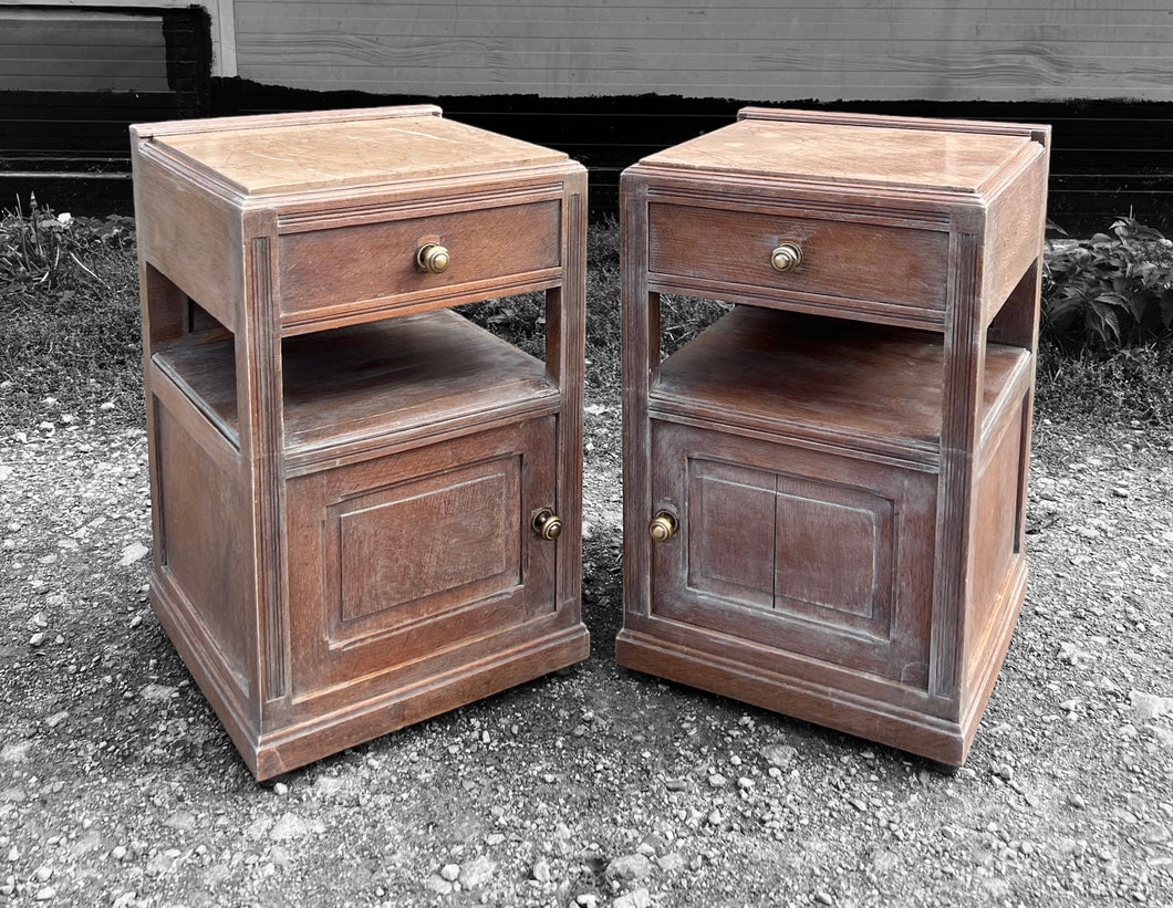 ANTIQUE 19th CENTURY FRENCH PAIR OF LIMED OAK & MARBLE TOPPED BEDSIDE TABLES, c1900