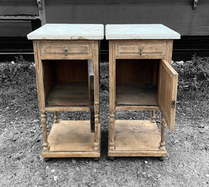 ANTIQUE 19th CENTURY FRENCH PAIR OF OAK & MARBLE TOPPED BEDSIDE TABLES, c1900