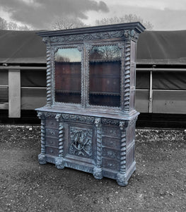 LARGE ANTIQUE 19th CENTURY FRENCH ORNATE CARVED LIMED OAK & GLAZED DRESSER, c1880