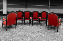 Load image into Gallery viewer, ANTIQUE 19th CENTURY FRENCH ORNATE SET OF 6 EBONISED WALNUT &amp; UPHOLSTERED DINING CHAIRS, c1900
