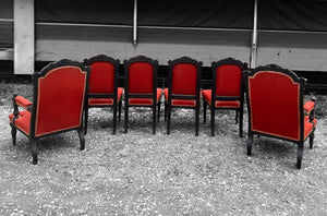 ANTIQUE 19th CENTURY FRENCH ORNATE SET OF 6 EBONISED WALNUT & UPHOLSTERED DINING CHAIRS, c1900