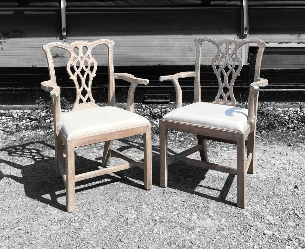 ANTIQUE 19th CENTURY PAIR OF LIMED OAK & UPHOLSTERED CARVER CHAIRS, c1900