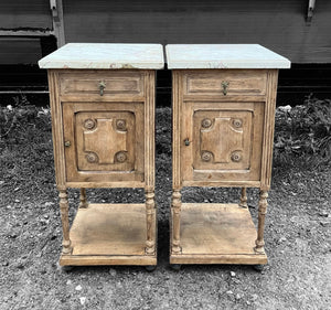 ANTIQUE 19th CENTURY FRENCH PAIR OF OAK & MARBLE TOPPED BEDSIDE TABLES, c1900