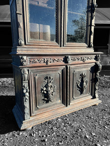 LARGE ANTIQUE 19th CENTURY FRENCH CARVED LIMED OAK & GLAZED DRESSER, c1900