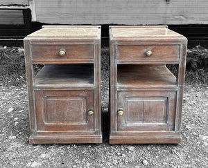 ANTIQUE 19th CENTURY FRENCH PAIR OF LIMED OAK & MARBLE TOPPED BEDSIDE TABLES, c1900