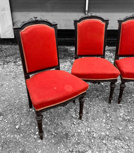 ANTIQUE 19th CENTURY FRENCH ORNATE SET OF 6 EBONISED WALNUT & UPHOLSTERED DINING CHAIRS, c1900