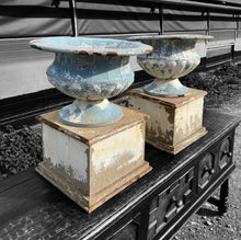 Load image into Gallery viewer, ANTIQUE 19th CENTURY FRENCH PAIR OF CAST METAL ORIGINAL PAINTED URNS, c1900

