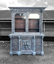 Load image into Gallery viewer, LARGE ANTIQUE 19th CENTURY FRENCH ORNATE CARVED LIMED OAK &amp; GLAZED DRESSER, c1880
