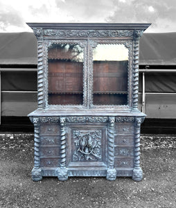 LARGE ANTIQUE 19th CENTURY FRENCH ORNATE CARVED LIMED OAK & GLAZED DRESSER, c1880