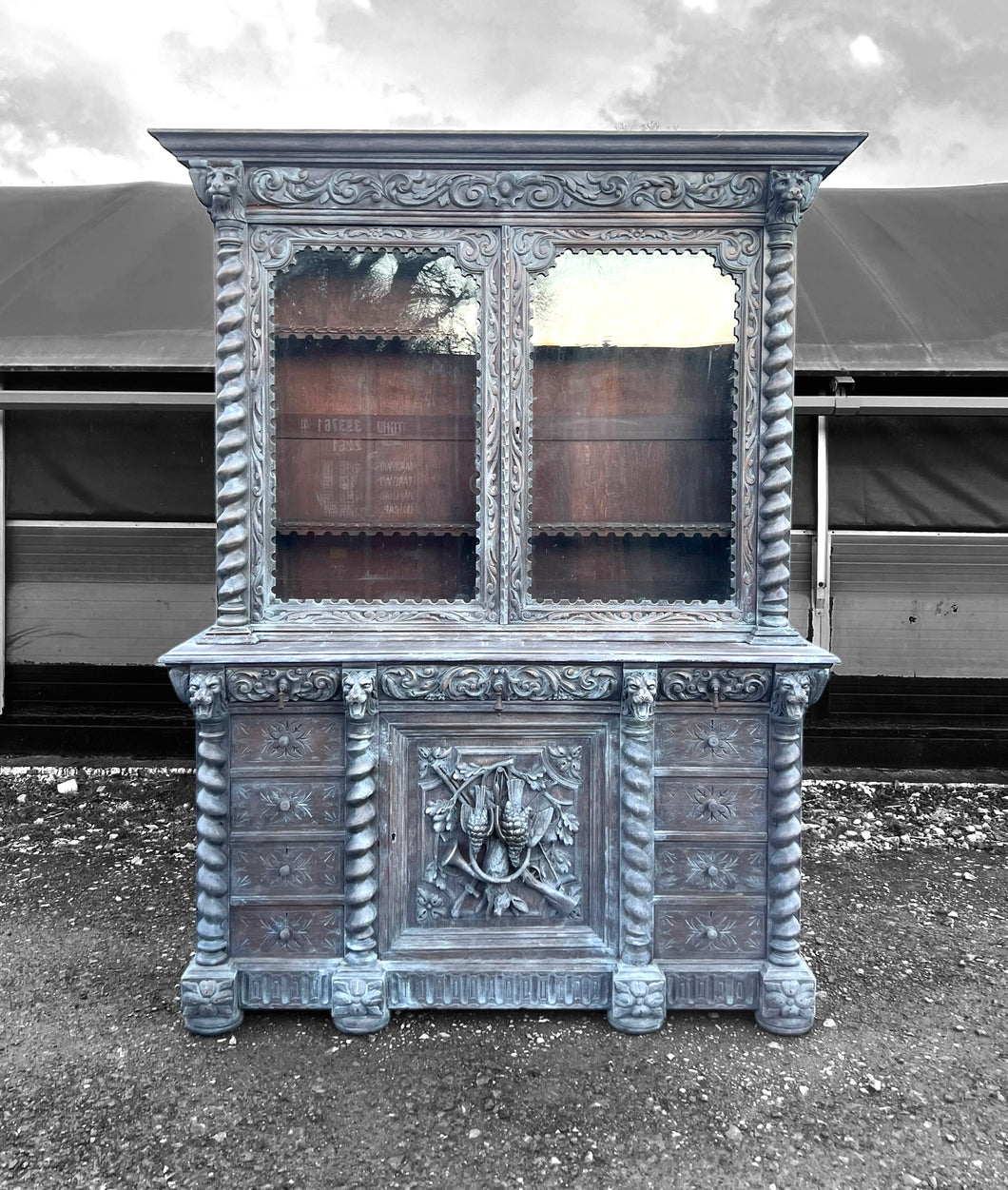 LARGE ANTIQUE 19th CENTURY FRENCH ORNATE CARVED LIMED OAK & GLAZED DRESSER, c1880