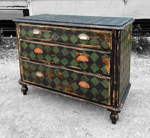 ANTIQUE 19th CENTURY EUROPEAN HARLEQUIN PAINTED CHEST OF DRAWERS, c1900