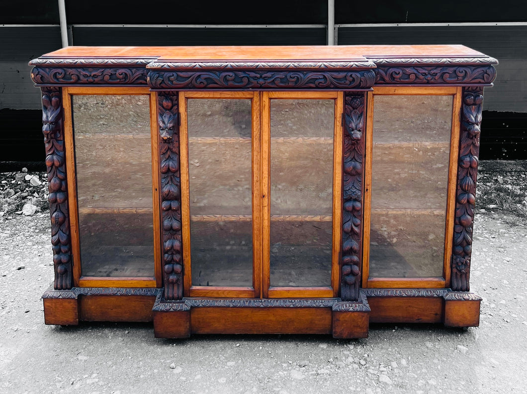 ANTIQUE 19th CENTURY FRENCH CARVED OAK & GLAZED BOOKCASE, c1900